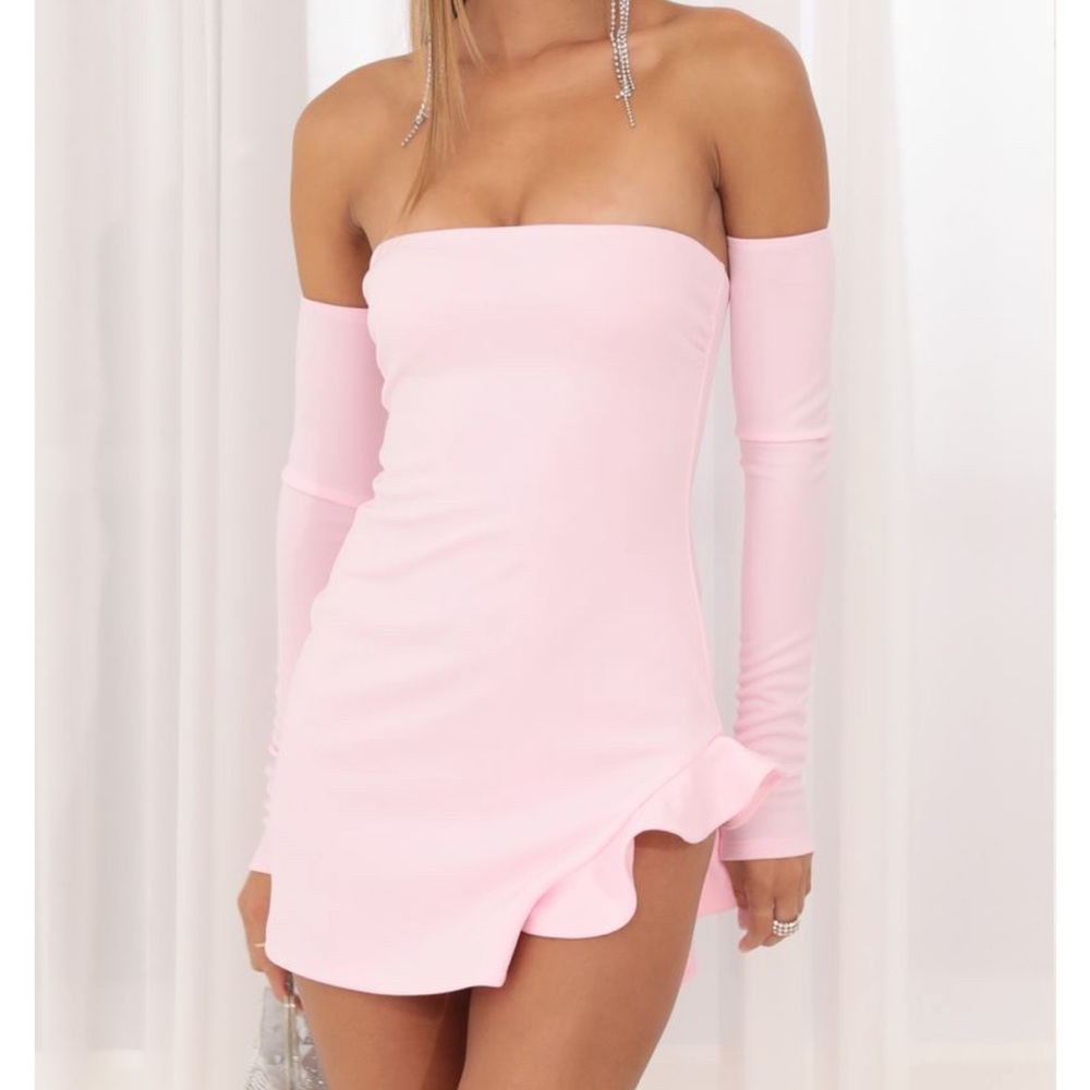 Lucy in the sky Regina scuba ruffle dress, pink, size medium
